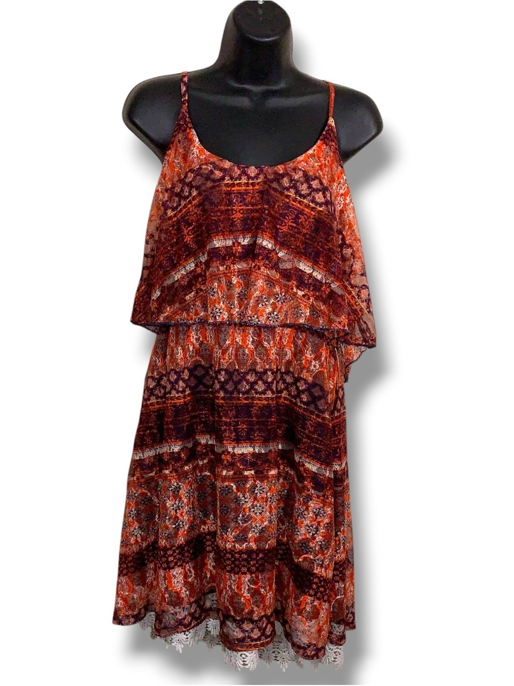 XL Vanity Sleeveless Dress Brock Red Purple Boho Print Shelf Style Stretch